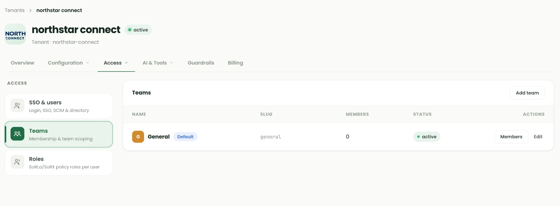 Tenant Teams tab listing a default General team with slug, member count, status and Members and Edit actions, plus an Add team button.