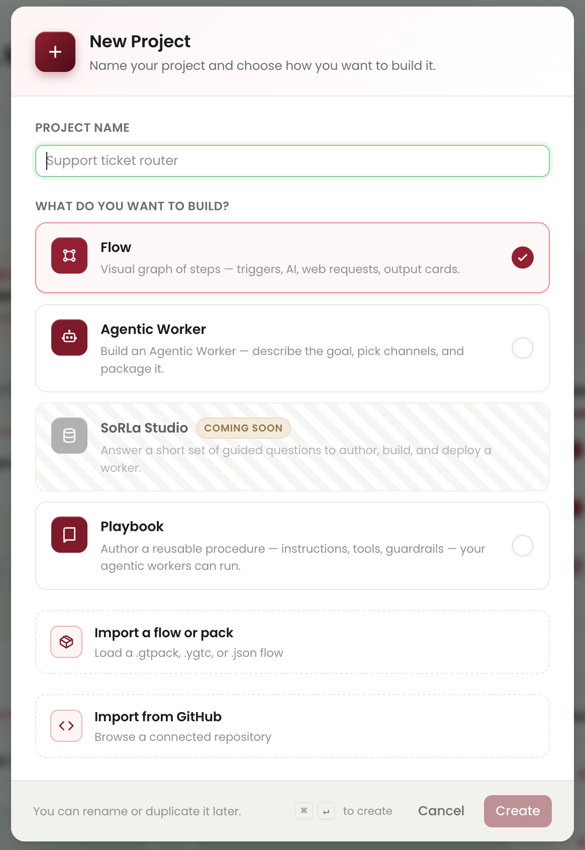 New Project dialog with Support ticket router as the project name and Flow selected.