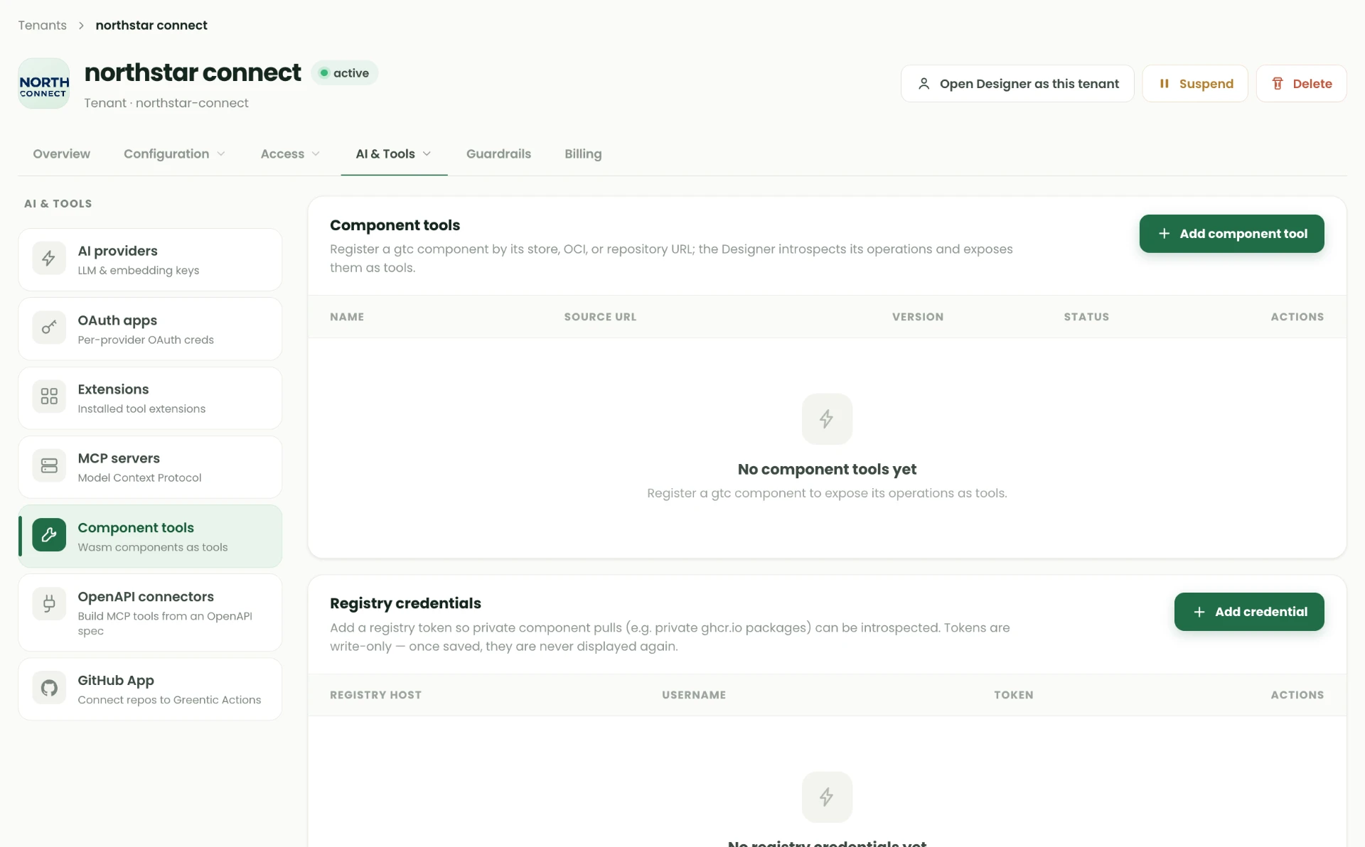 Component tools page with an empty component list and a separate registry credentials panel for private component pulls.