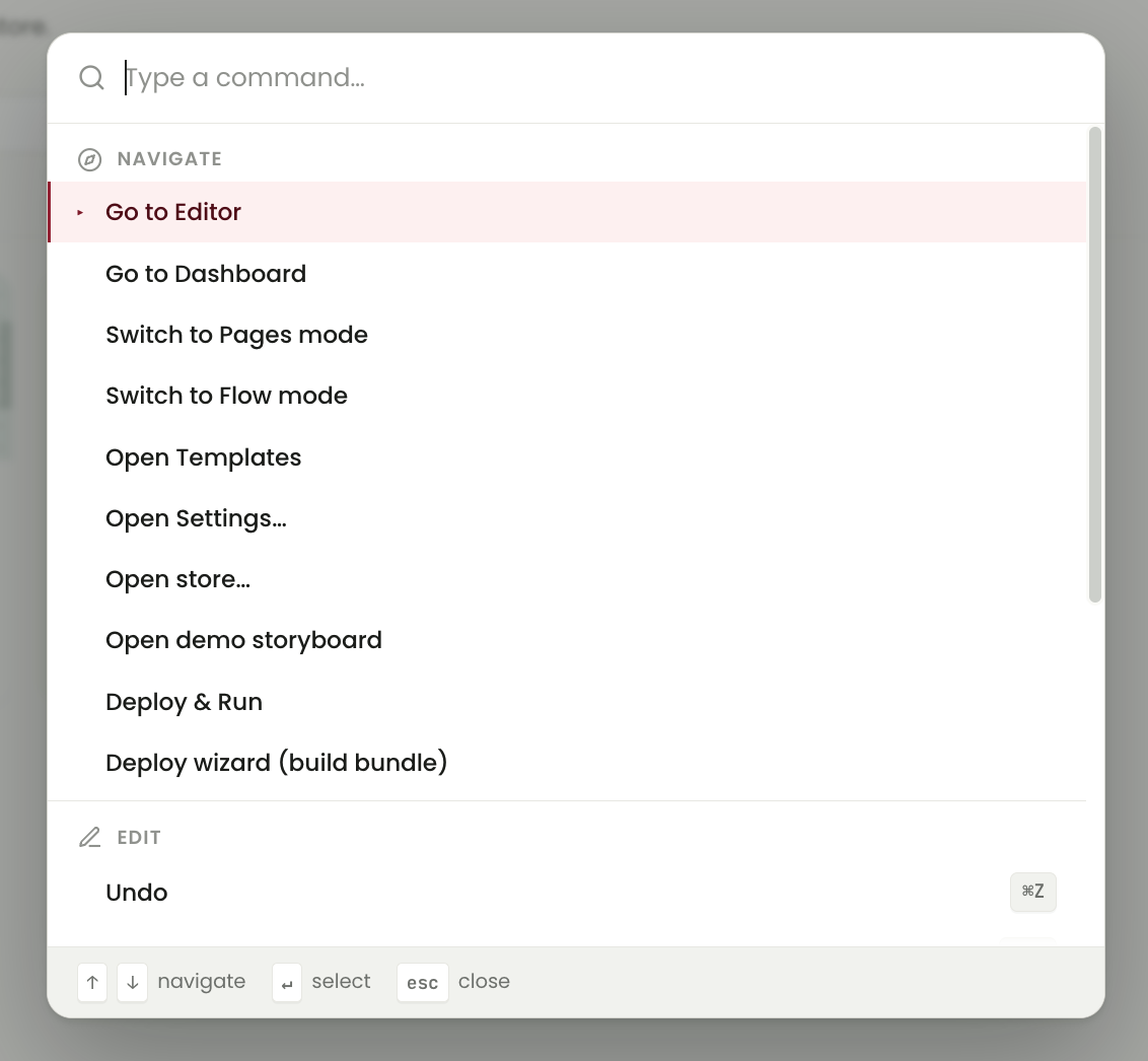 Designer command palette showing commands for opening the Editor, Dashboard, Templates, Settings, Store and deployment tools.