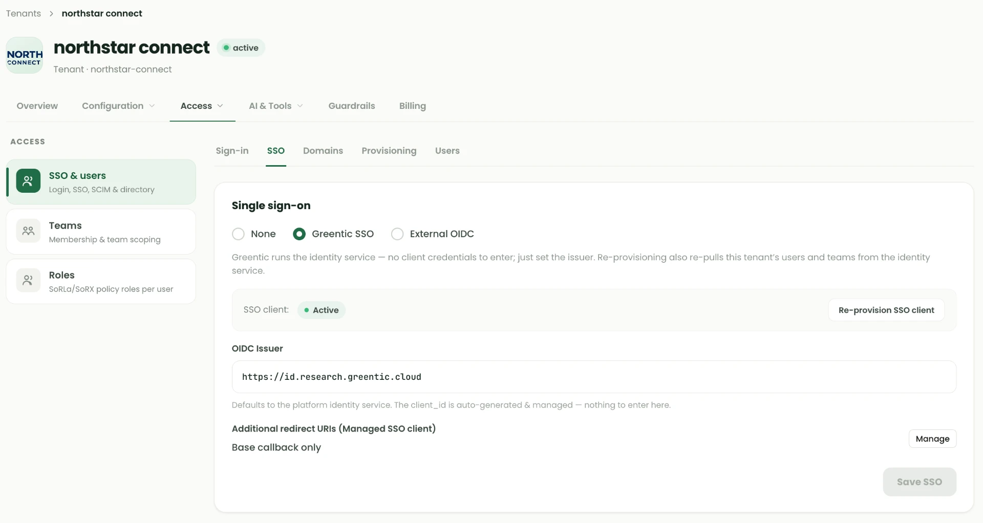 Tenant SSO tab with Greentic SSO selected, the SSO client shown as Active, the OIDC issuer field and a Re-provision SSO client button.