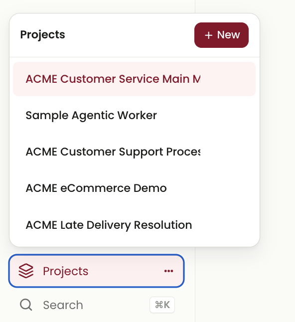 Expanded Projects navigation menu listing several ACME projects and a New button.