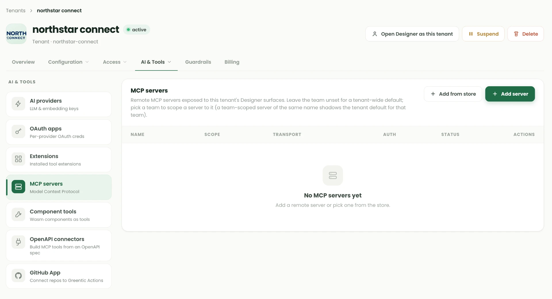 MCP servers page for a tenant with an empty server table and Add from store and Add server buttons.