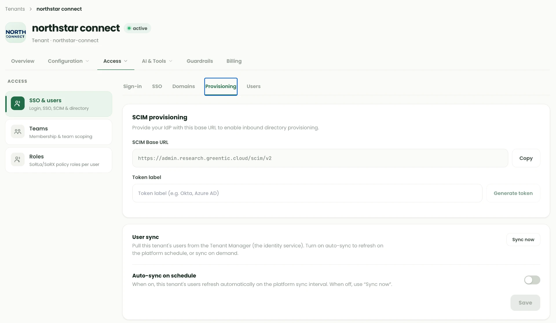 Tenant Provisioning tab showing the SCIM base URL with a Copy button, a token label field with Generate token, plus user sync and auto-sync on schedule controls.