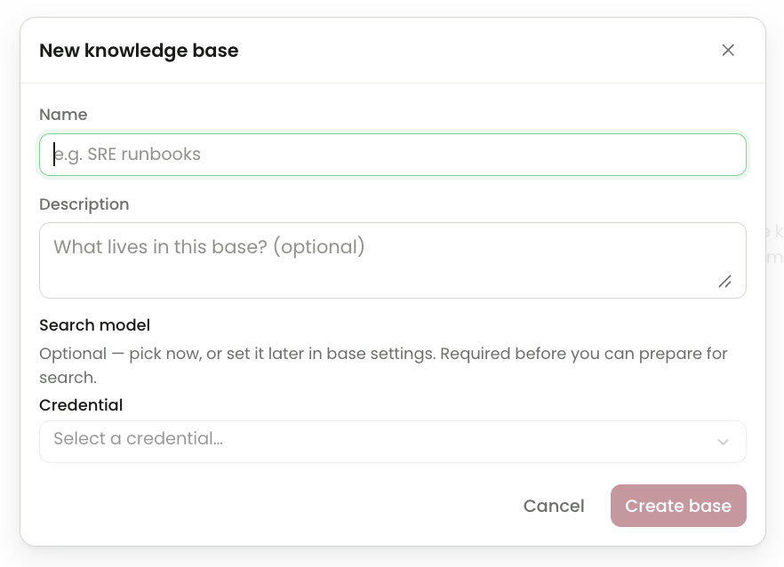 New knowledge base dialog showing Name, Description, Search model information, Credential selection and Create base.