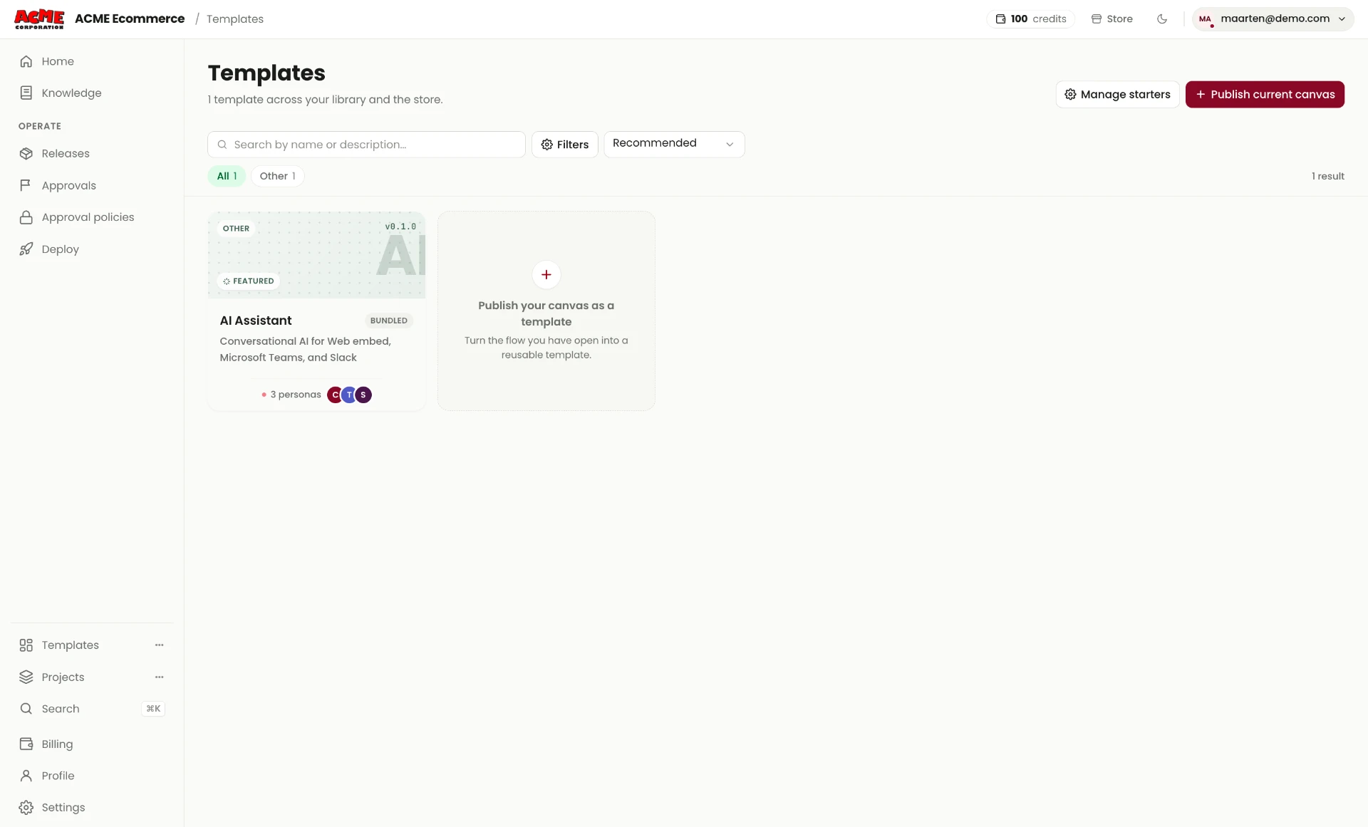 Designer Templates page showing search and filtering controls, an AI Assistant template and an option to publish the current canvas as a template.
