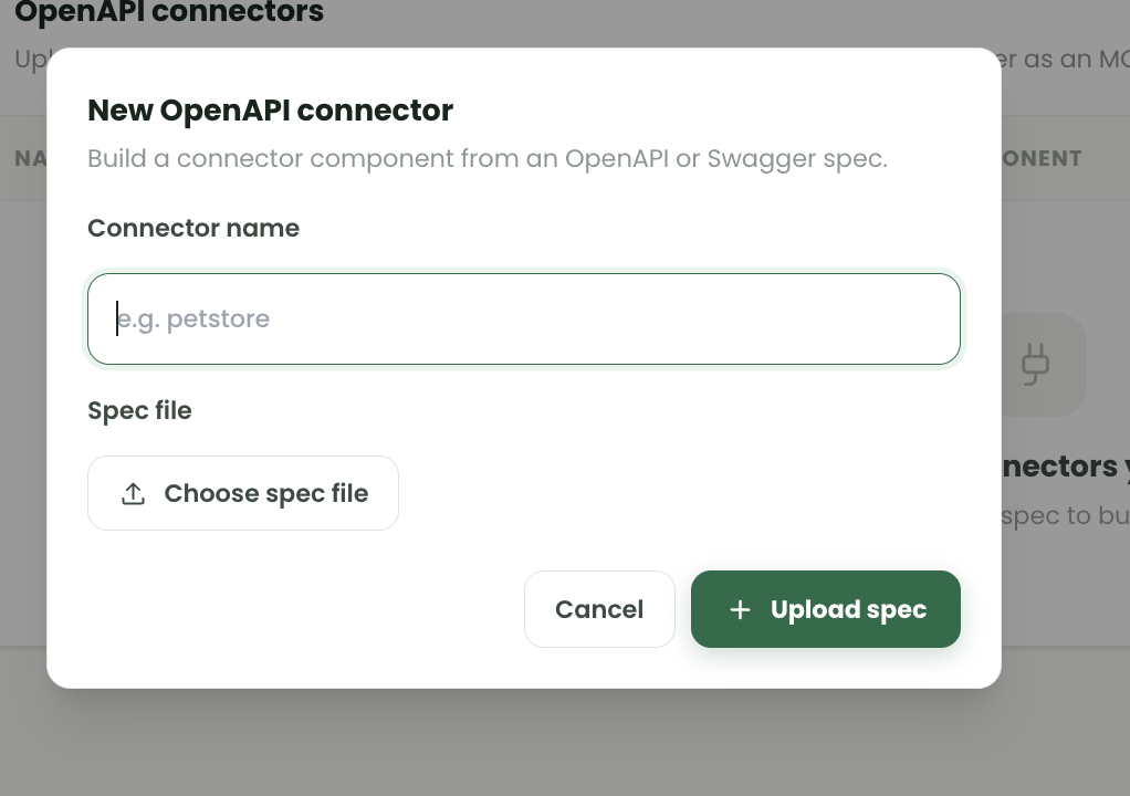 New OpenAPI connector dialog with a connector name field, a choose spec file button and an Upload spec action.