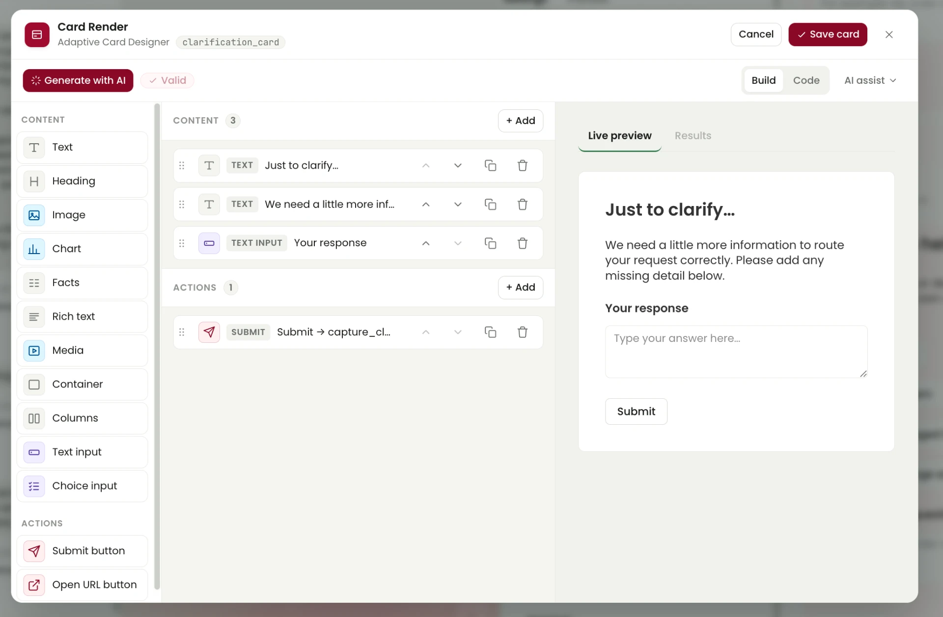 Adaptive Card Designer showing content and action elements, three content blocks, one Submit action and a live clarification-card preview.