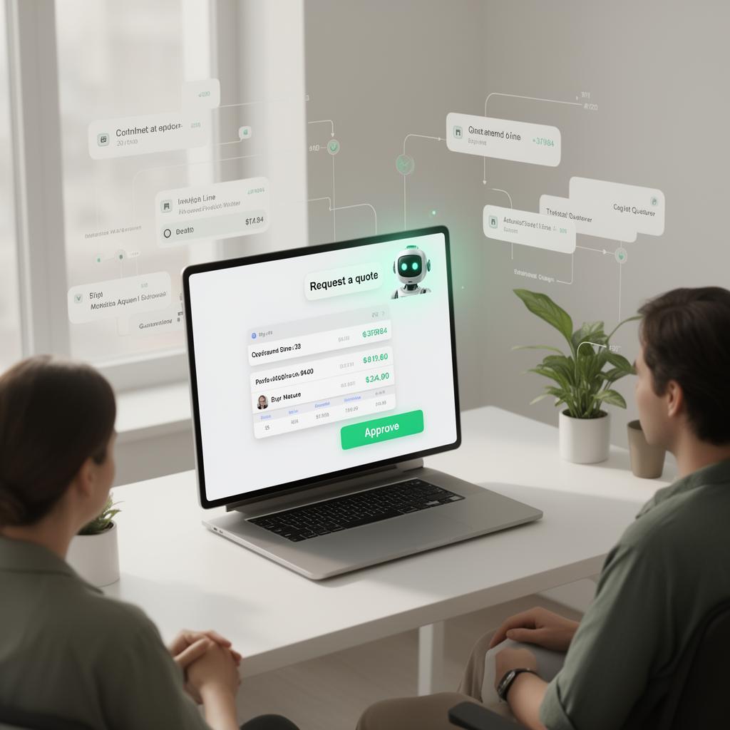 The same 'Request a quote' answered by a Greentic Digital Worker with an adaptive card showing line items, prices and an Approve button.