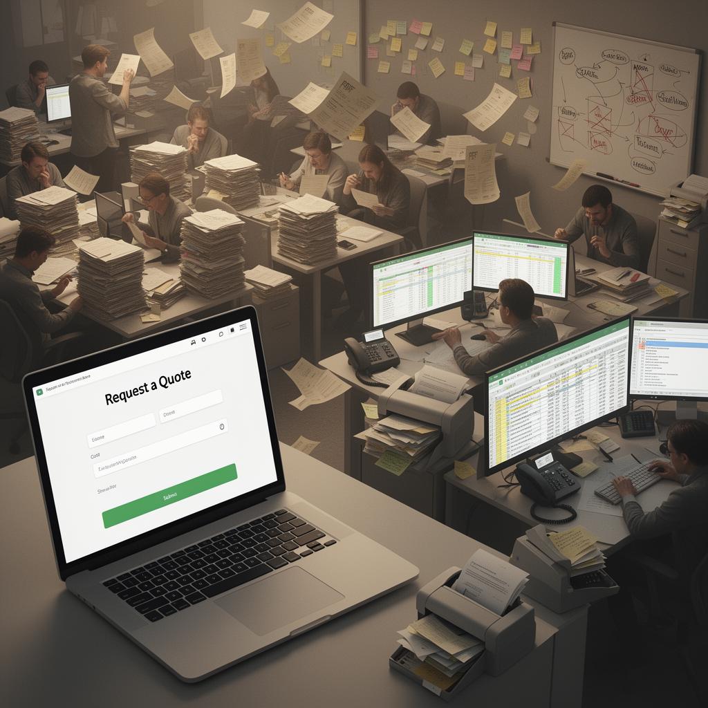 A 'Request a Quote' web form being processed by an entire office of people manually handling stacks of paper, Excel spreadsheets and emails.